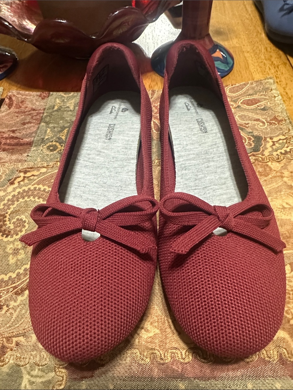 Clarks Burgundy Bow-Accent Knit Ballet Flats